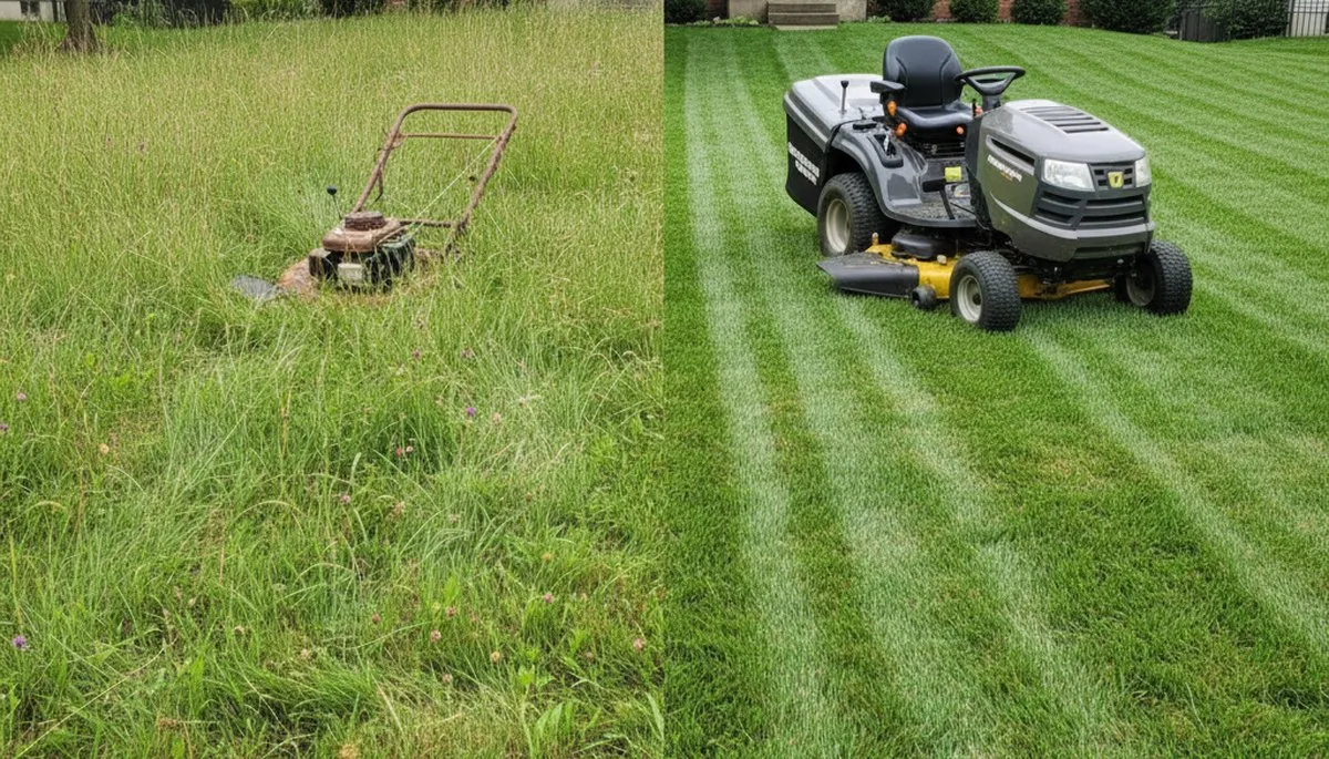 Before and after lawn mowing transformation by Chop Chop Landscaping in Madison, WI
