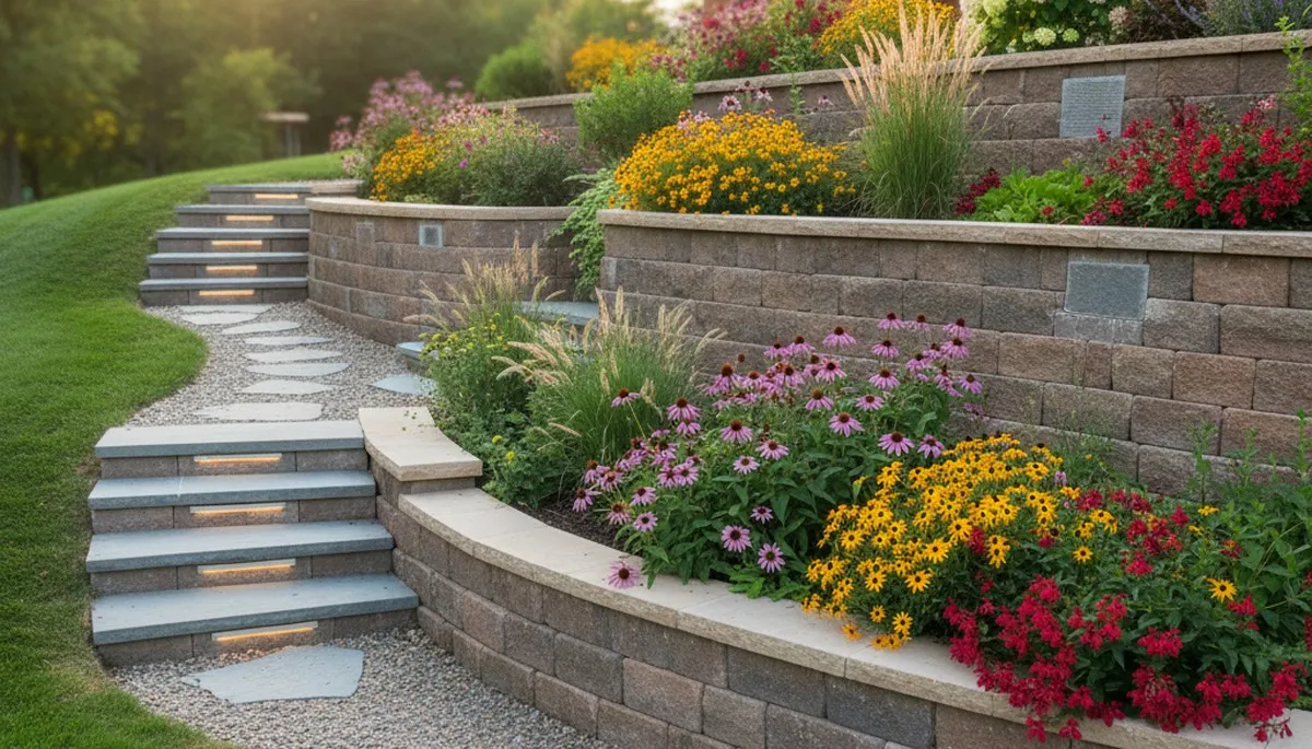 Natural stone retaining wall with tiered plantings and lighting in Mc Farland, WI landscaping design