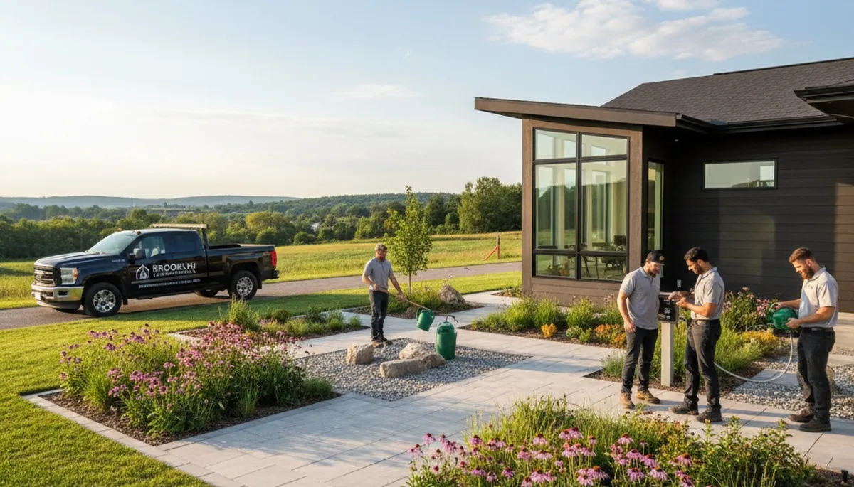 Landscaping crew providing lawn care service in Madison, WI