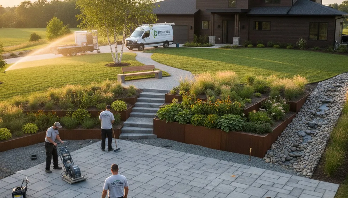 Landscaping crew providing lawn care service in Madison, WI