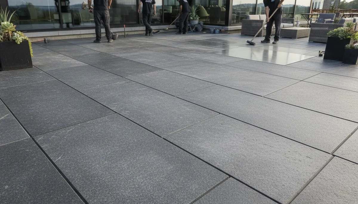 Modern large stone slab patio installation by landscaping experts in Madison, WI