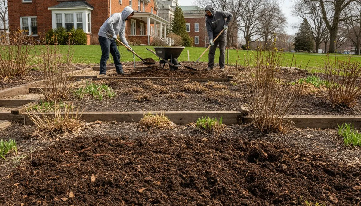 Applying organic compost and natural fertilizer to landscape beds in Madison WI for healthier soil