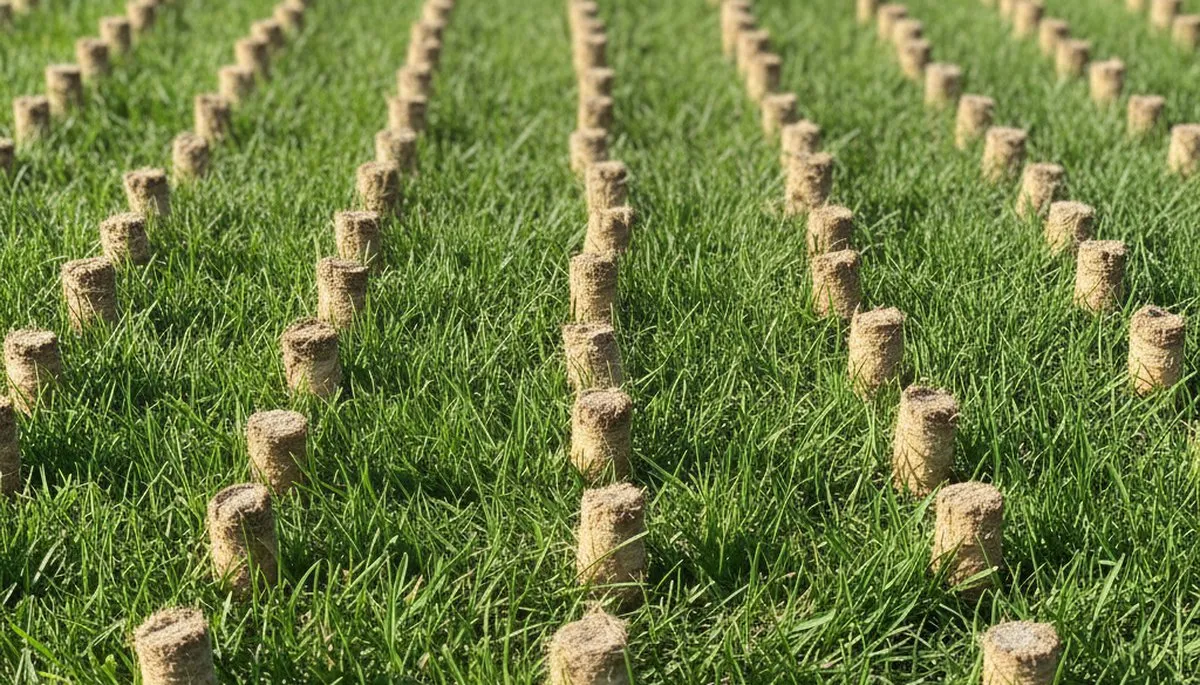 Close-up of soil core plugs after professional lawn aeration in Madison, WI by Chop Chop Landscaping
